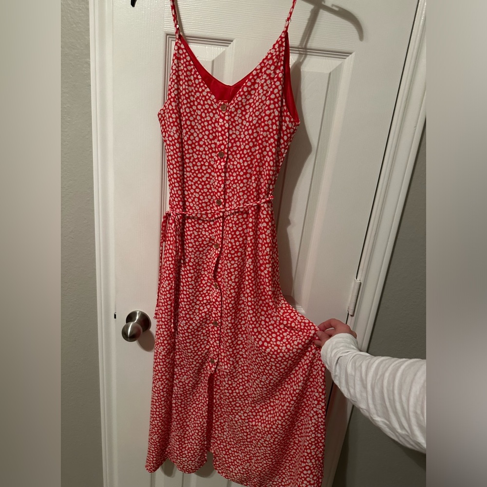 Red and white floral print dress